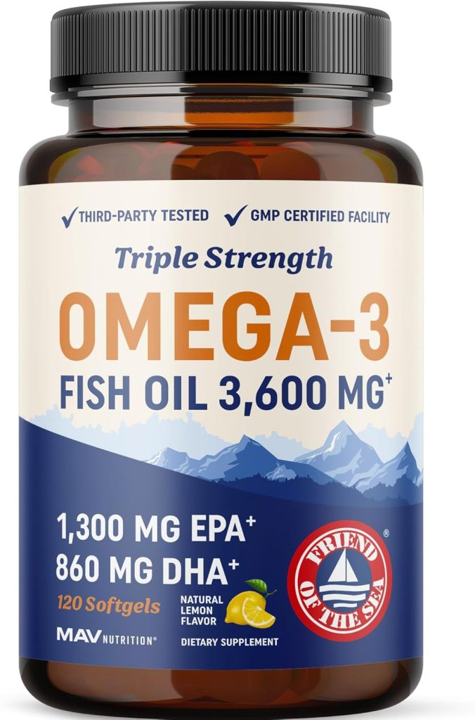riple Strength Omega 3 Fish Oil 3600 mg | EPA & DHA | Over 2100mg Omega-3 Fatty Acids | 1300mg EPA + 860mg DHA | Best Essential Fatty Acids | Premium Wild Caught & Burpless Fish Oil | 120 Ct